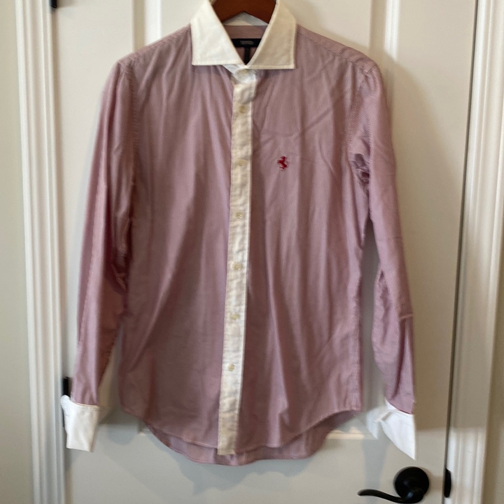 MENS Ferrari euro tailored Red pinstriped shirt with French cuffs. Size L